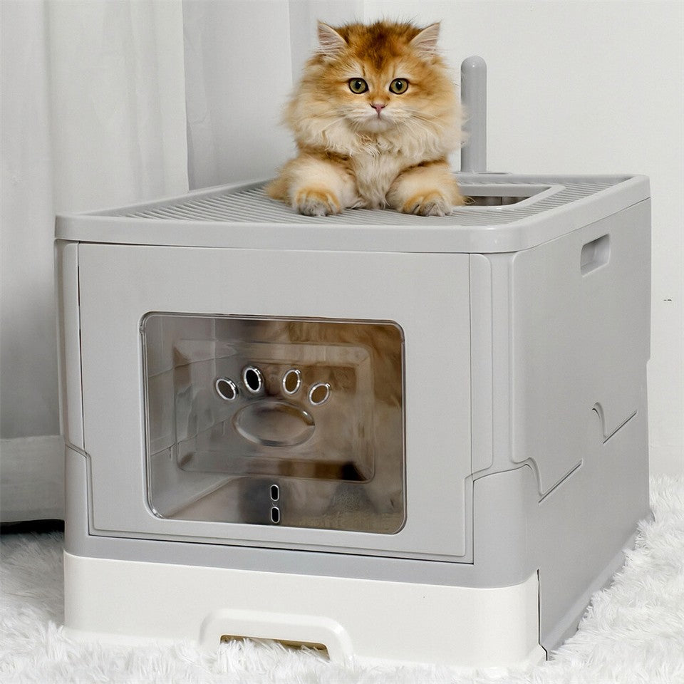 Large Enclosed Cat Litter Box Foldable Cat Kitten Toilet Box with Slide-Out Tray V767-P-ZM1726-GY