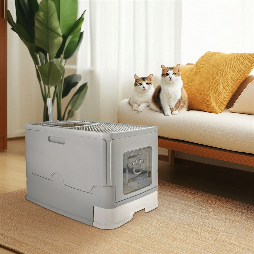 Large Enclosed Cat Litter Box Foldable Cat Kitten Toilet Box with Slide-Out Tray V767-P-ZM1726-GY