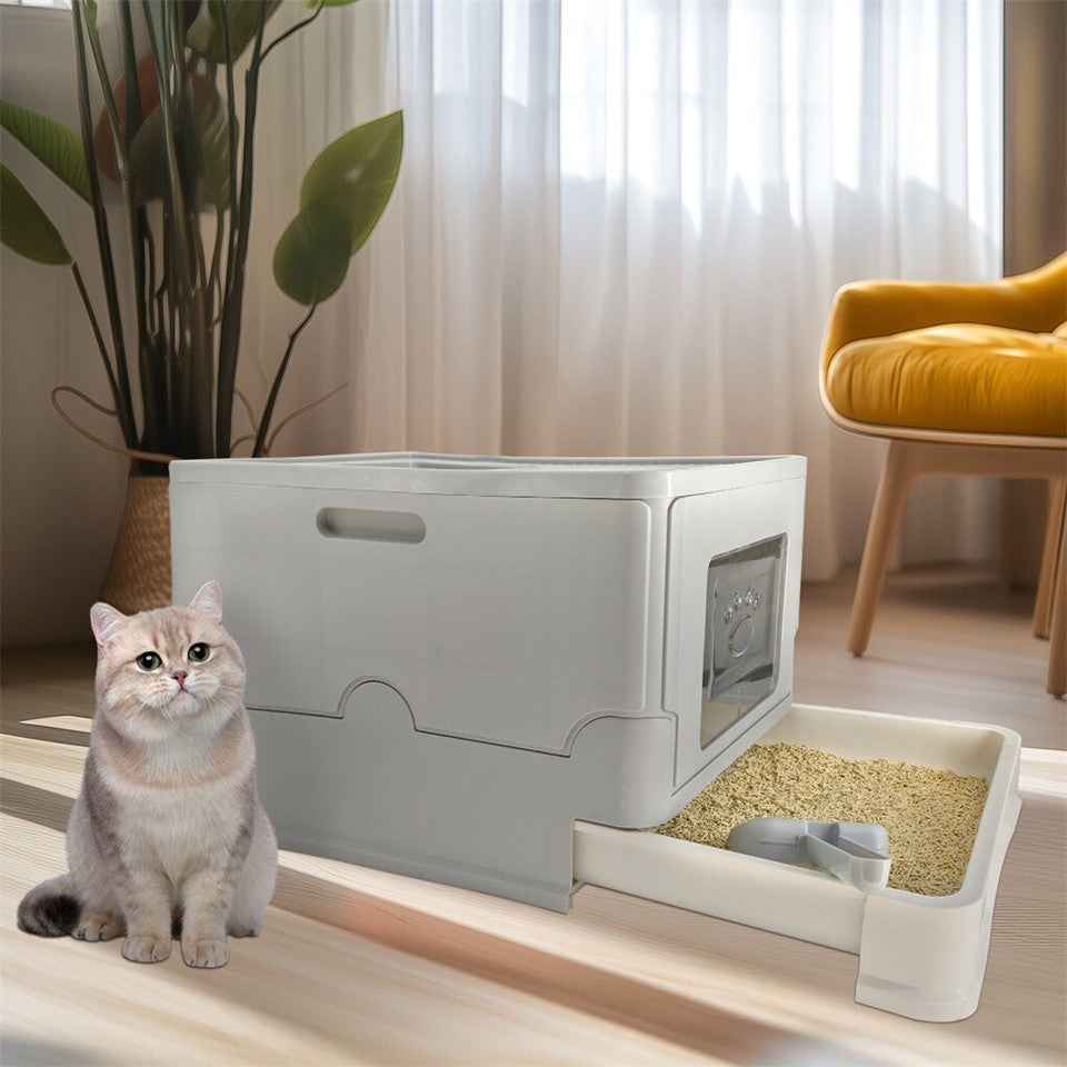 Large Enclosed Cat Litter Box Foldable Cat Kitten Toilet Box with Slide-Out Tray V767-P-ZM1726-GY