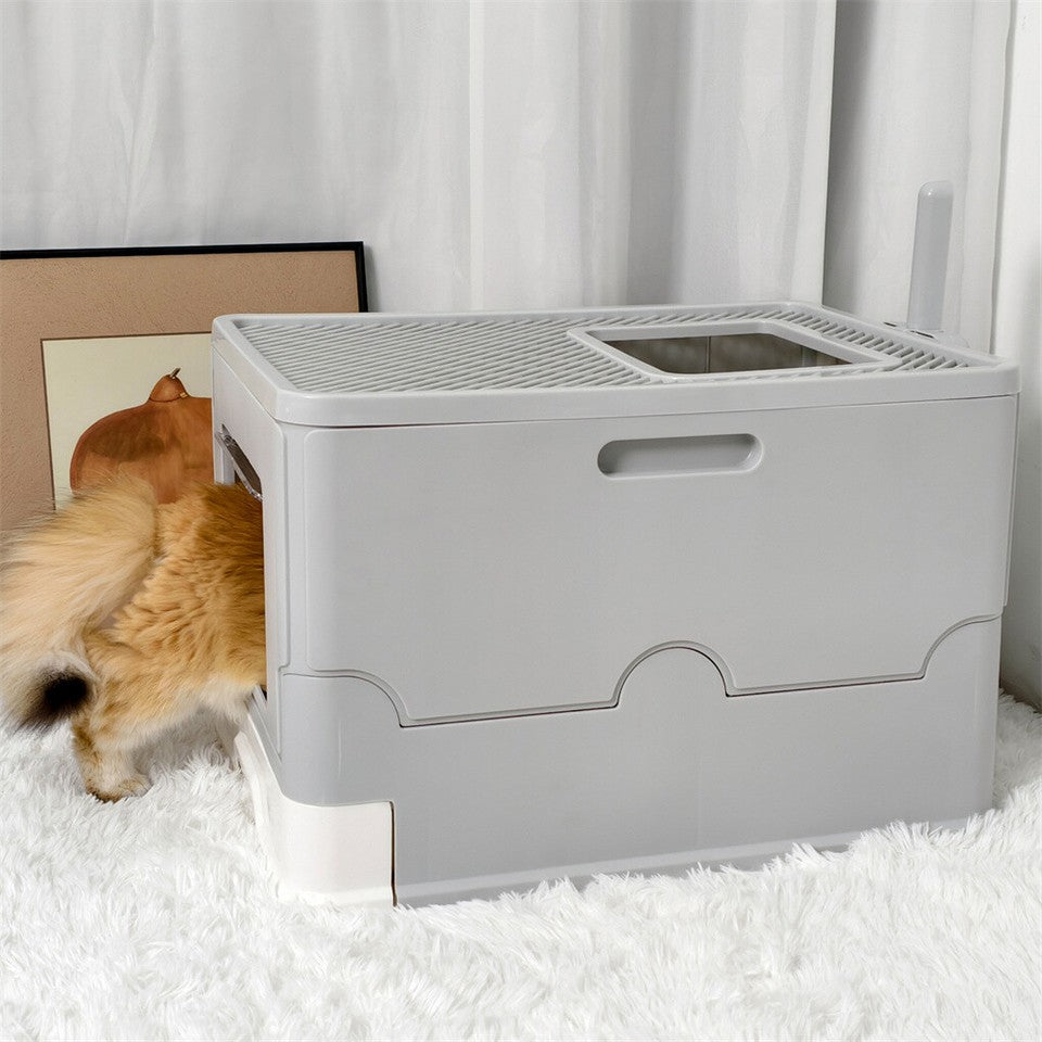 Large Enclosed Cat Litter Box Foldable Cat Kitten Toilet Box with Slide-Out Tray V767-P-ZM1726-GY