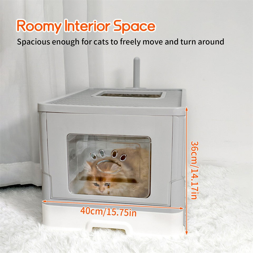 Large Enclosed Cat Litter Box Foldable Cat Kitten Toilet Box with Slide-Out Tray V767-P-ZM1726-GY