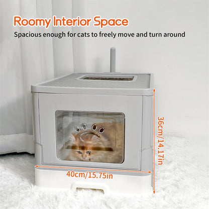 Large Enclosed Cat Litter Box Foldable Cat Kitten Toilet Box with Slide-Out Tray V767-P-ZM1726-GY