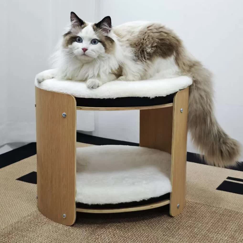 Natural Wood Cat Bunk Bed with Cushioned Two Tiers for Stylish Pet Comfort V767-P-ZM1777