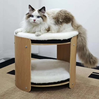 Natural Wood Cat Bunk Bed with Cushioned Two Tiers for Stylish Pet Comfort V767-P-ZM1777