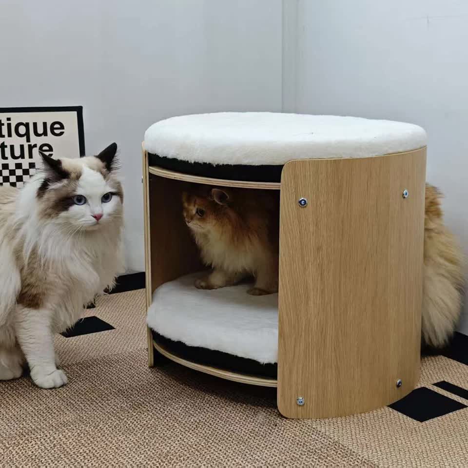 Natural Wood Cat Bunk Bed with Cushioned Two Tiers for Stylish Pet Comfort V767-P-ZM1777