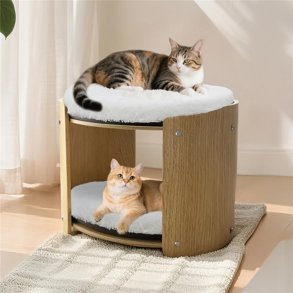 Natural Wood Cat Bunk Bed with Cushioned Two Tiers for Stylish Pet Comfort V767-P-ZM1777