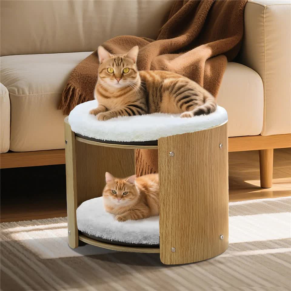 Natural Wood Cat Bunk Bed with Cushioned Two Tiers for Stylish Pet Comfort V767-P-ZM1777
