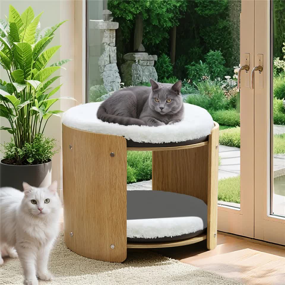 Natural Wood Cat Bunk Bed with Cushioned Two Tiers for Stylish Pet Comfort V767-P-ZM1777