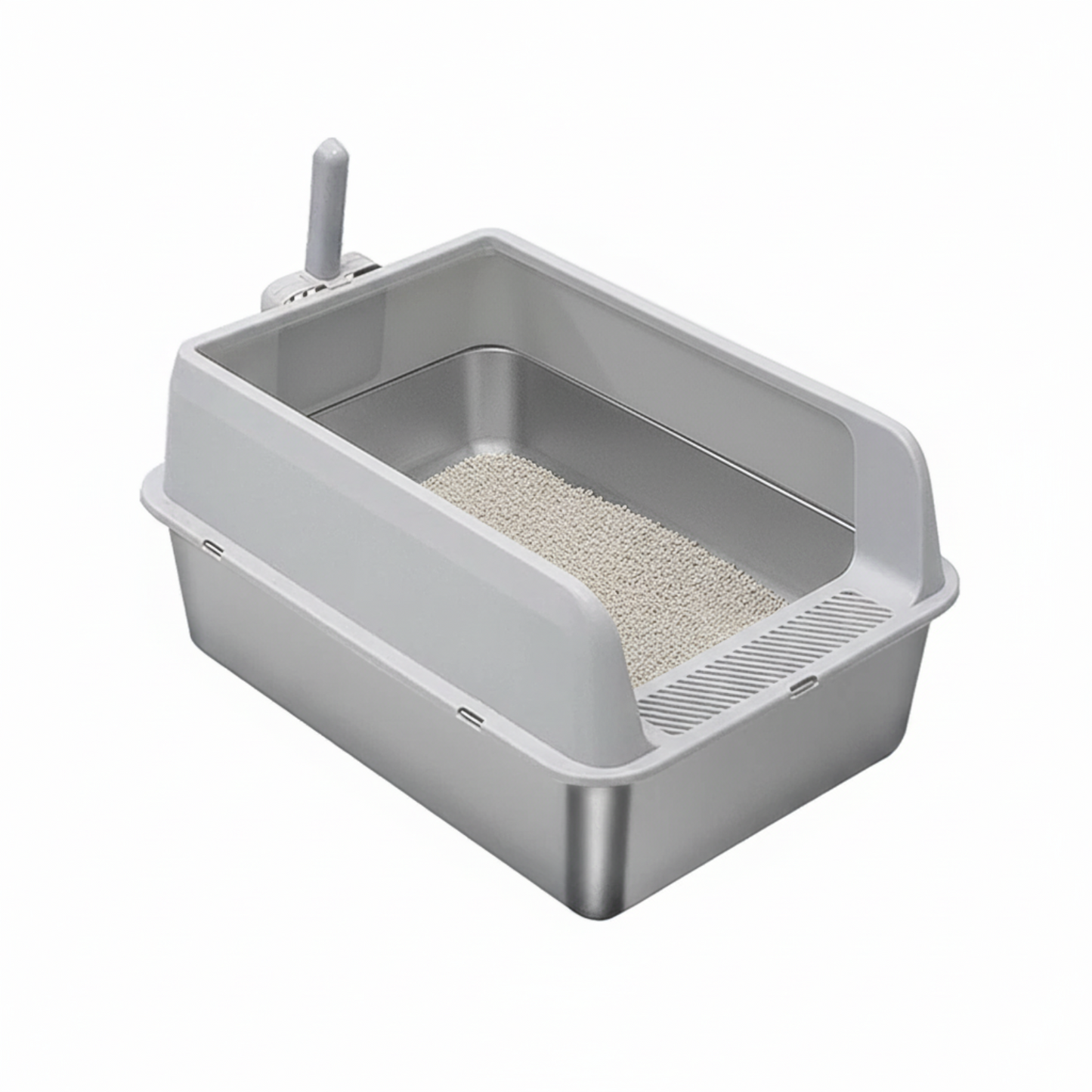 P&P Grey Silver Stainless Steel Cat Litter Box with High Sides, Open Top and Scoop V767-P-ZM1811