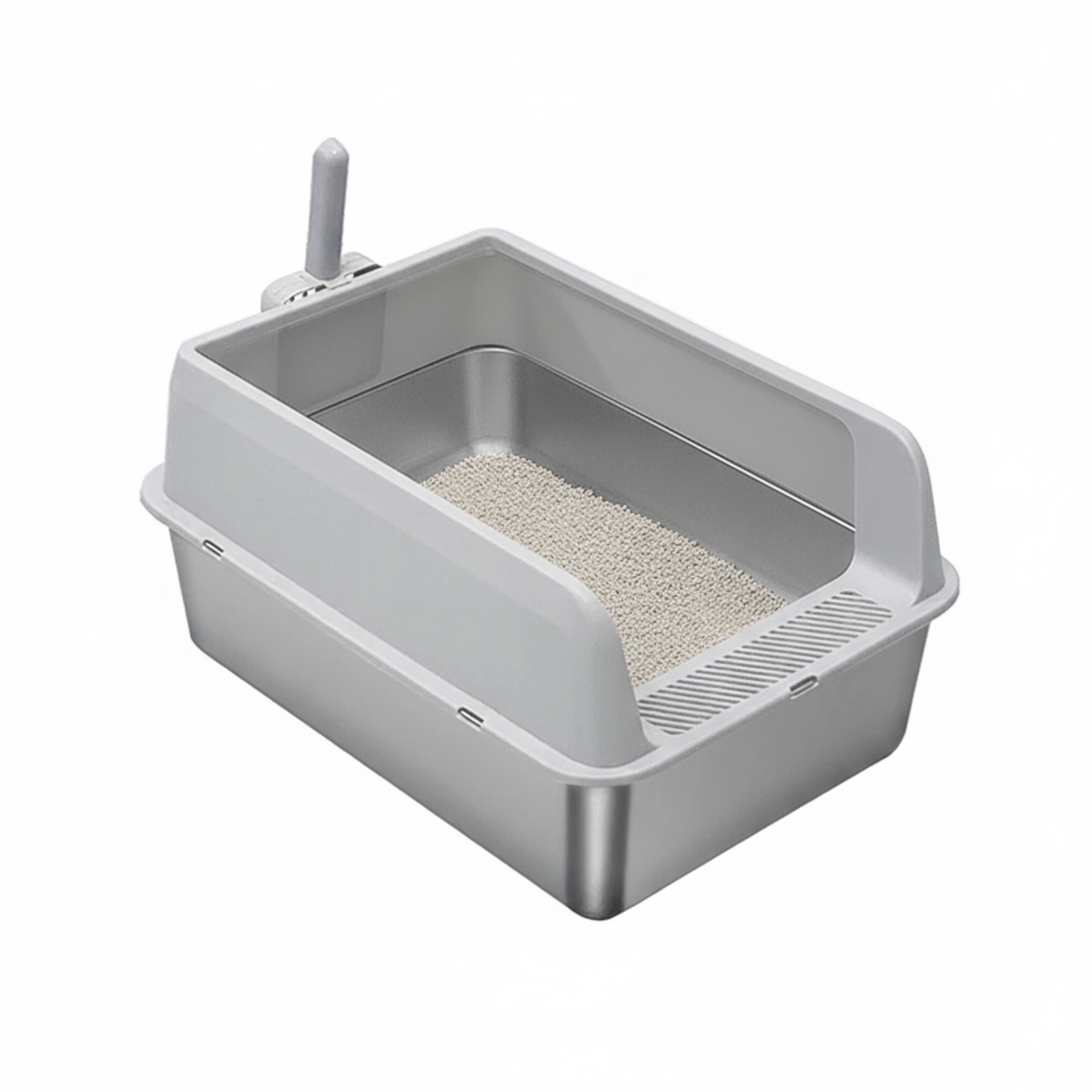 P&P Grey Silver Stainless Steel Cat Litter Box with High Sides, Open Top and Scoop V767-P-ZM1811