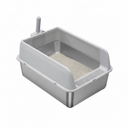P&P Grey Silver Stainless Steel Cat Litter Box with High Sides, Open Top and Scoop V767-P-ZM1811