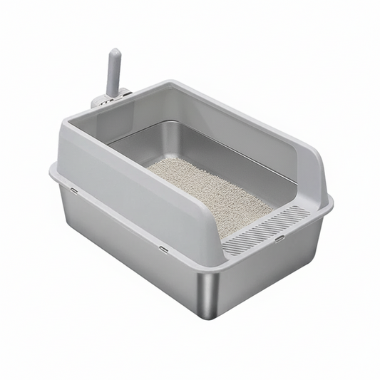 P&P Grey Silver Stainless Steel Cat Litter Box with High Sides, Open Top and Scoop V767-P-ZM1811