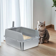 P&P Grey Silver Stainless Steel Cat Litter Box with High Sides, Open Top and Scoop V767-P-ZM1811