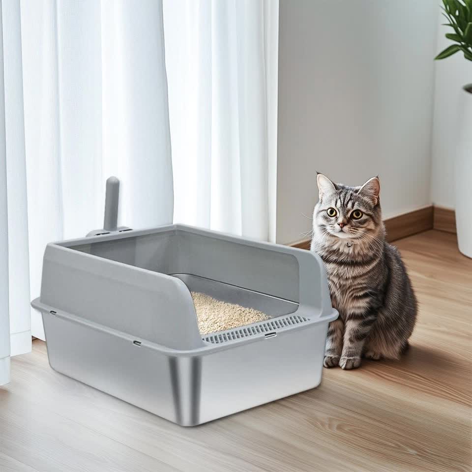 P&P Grey Silver Stainless Steel Cat Litter Box with High Sides, Open Top and Scoop V767-P-ZM1811