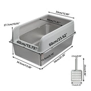 P&P Grey Silver Stainless Steel Cat Litter Box with High Sides, Open Top and Scoop V767-P-ZM1811