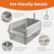 P&P Grey Silver Stainless Steel Cat Litter Box with High Sides, Open Top and Scoop V767-P-ZM1811