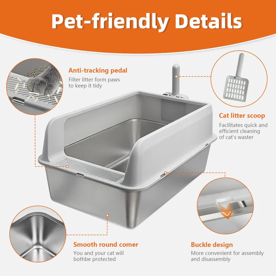 P&P Grey Silver Stainless Steel Cat Litter Box with High Sides, Open Top and Scoop V767-P-ZM1811