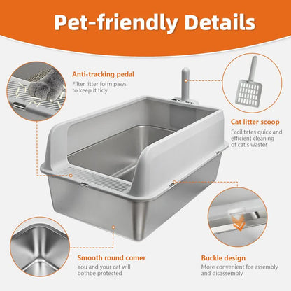 P&P Grey Silver Stainless Steel Cat Litter Box with High Sides, Open Top and Scoop V767-P-ZM1811