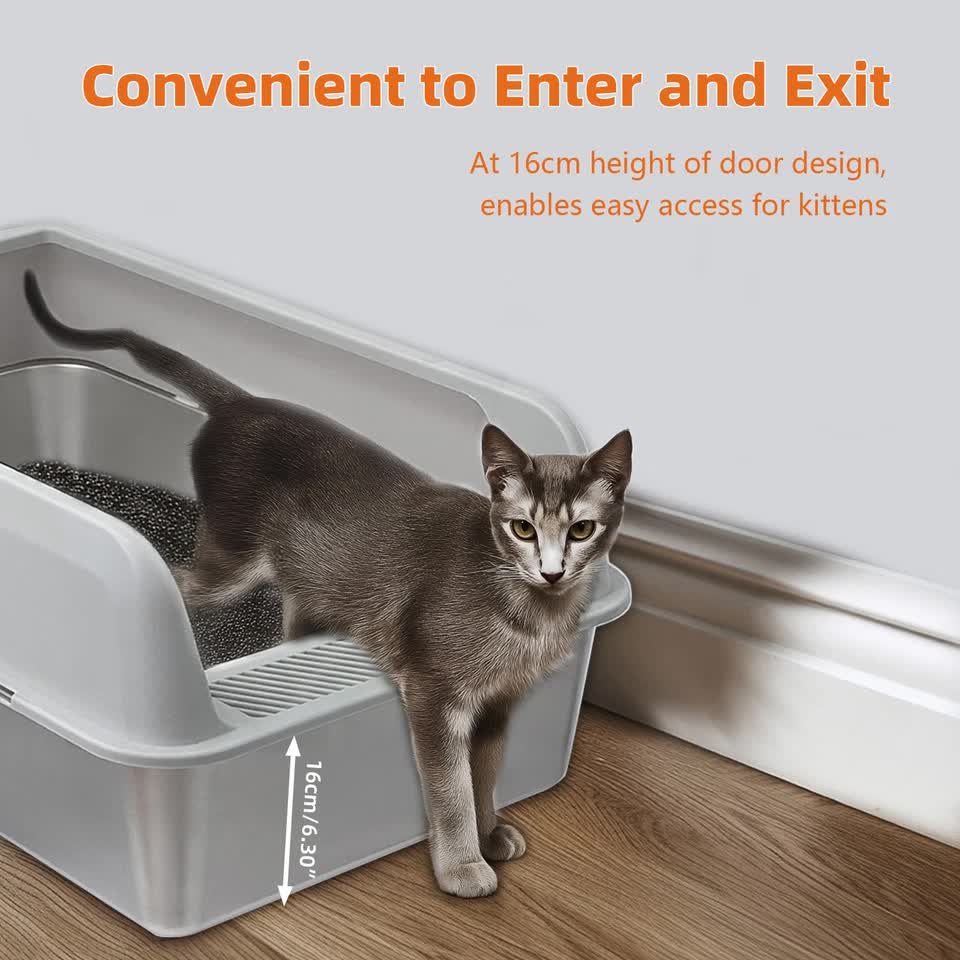 P&P Grey Silver Stainless Steel Cat Litter Box with High Sides, Open Top and Scoop V767-P-ZM1811