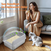 P&P Grey Silver Stainless Steel Cat Litter Box with High Sides, Open Top and Scoop V767-P-ZM1811