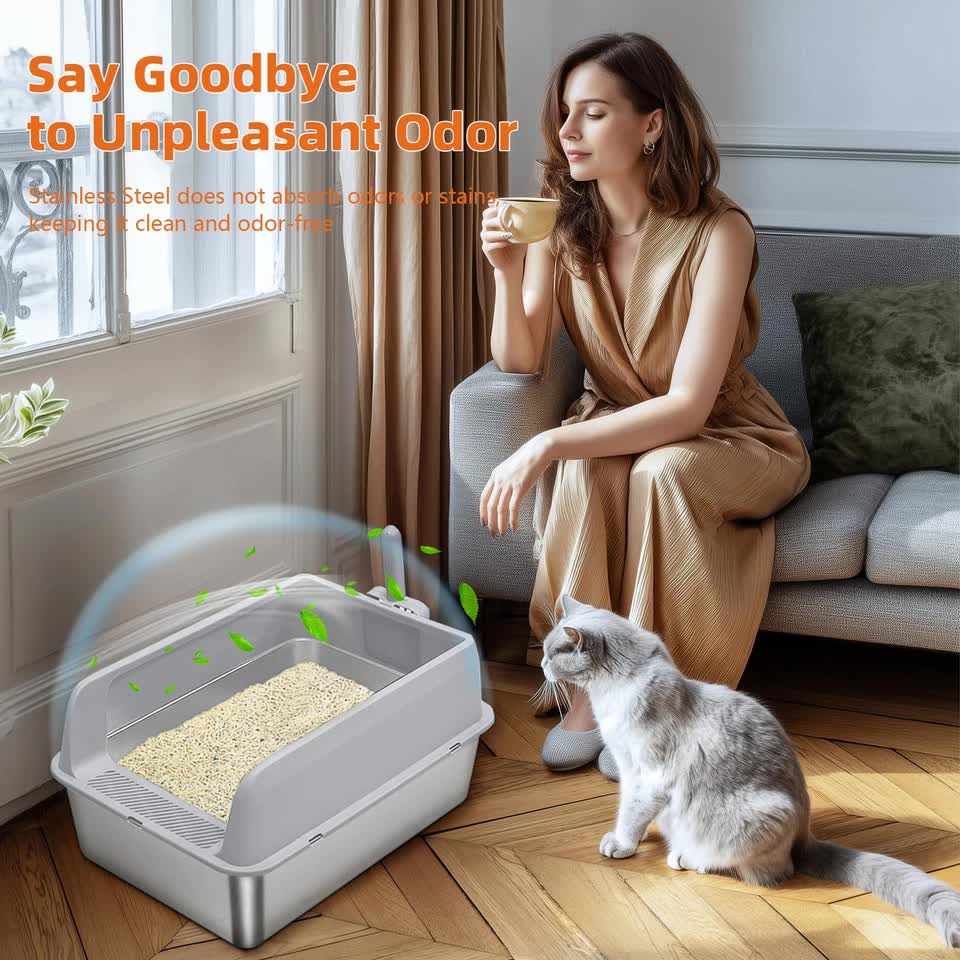P&P Grey Silver Stainless Steel Cat Litter Box with High Sides, Open Top and Scoop V767-P-ZM1811