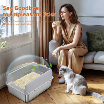 P&P Grey Silver Stainless Steel Cat Litter Box with High Sides, Open Top and Scoop V767-P-ZM1811