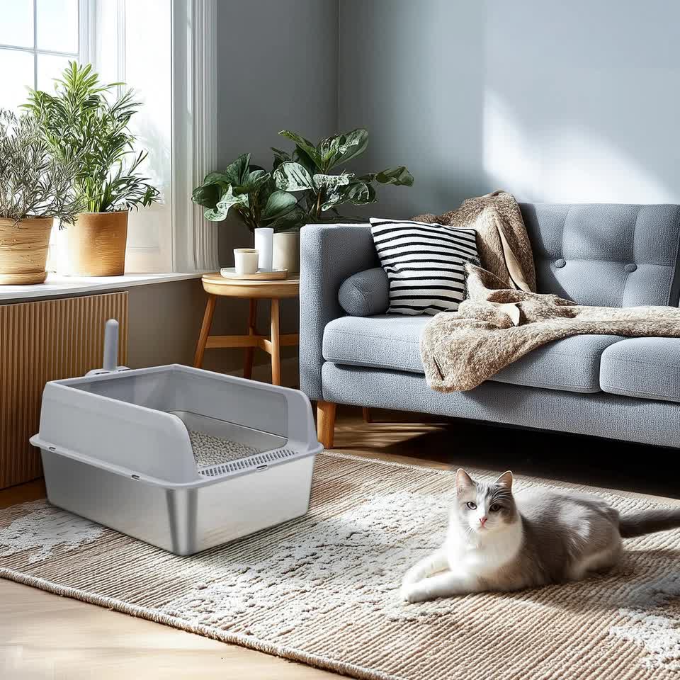 P&P Grey Silver Stainless Steel Cat Litter Box with High Sides, Open Top and Scoop V767-P-ZM1811