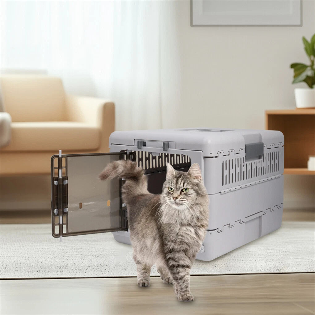 Portable Cat Travel Carrier Collapsible Plastic Kitten Pet Carry Crate V767-P-ZM1823-GY