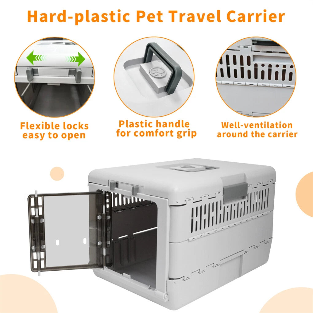 Portable Cat Travel Carrier Collapsible Plastic Kitten Pet Carry Crate V767-P-ZM1823-GY