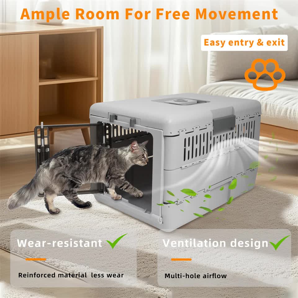 Portable Cat Travel Carrier Collapsible Plastic Kitten Pet Carry Crate V767-P-ZM1823-GY