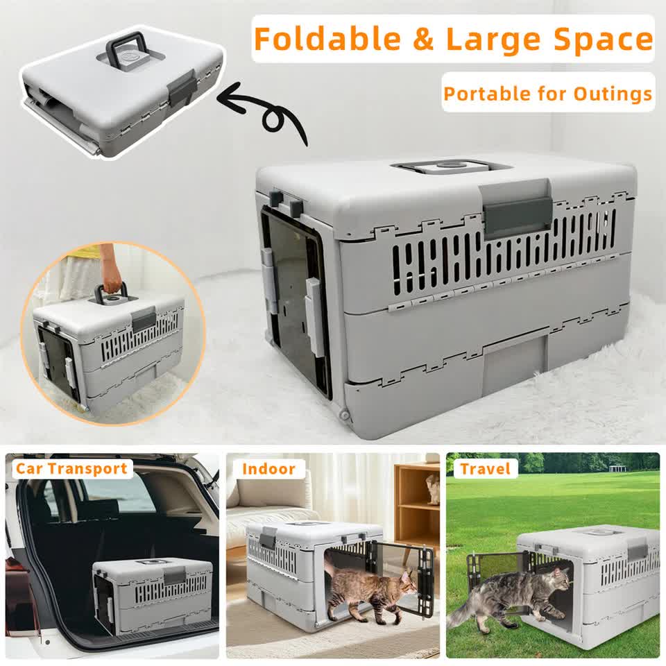 Portable Cat Travel Carrier Collapsible Plastic Kitten Pet Carry Crate V767-P-ZM1823-GY