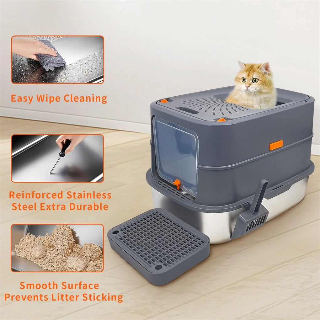 P&P Jumbo Stainless Steel Cat Litter Box for Multi-Cats Large Toilet Box with Removable Lid V767-P-ZM1828