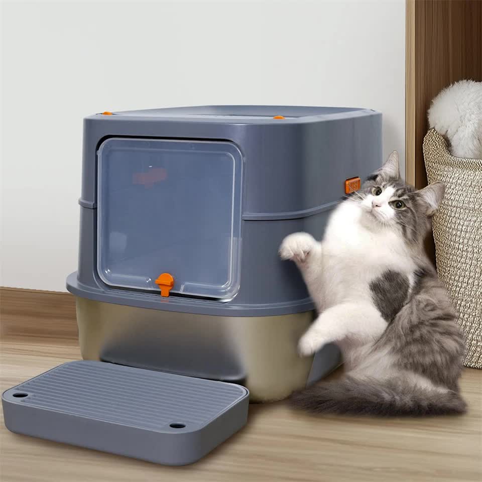 P&P Jumbo Stainless Steel Cat Litter Box for Multi-Cats Large Toilet Box with Removable Lid V767-P-ZM1828