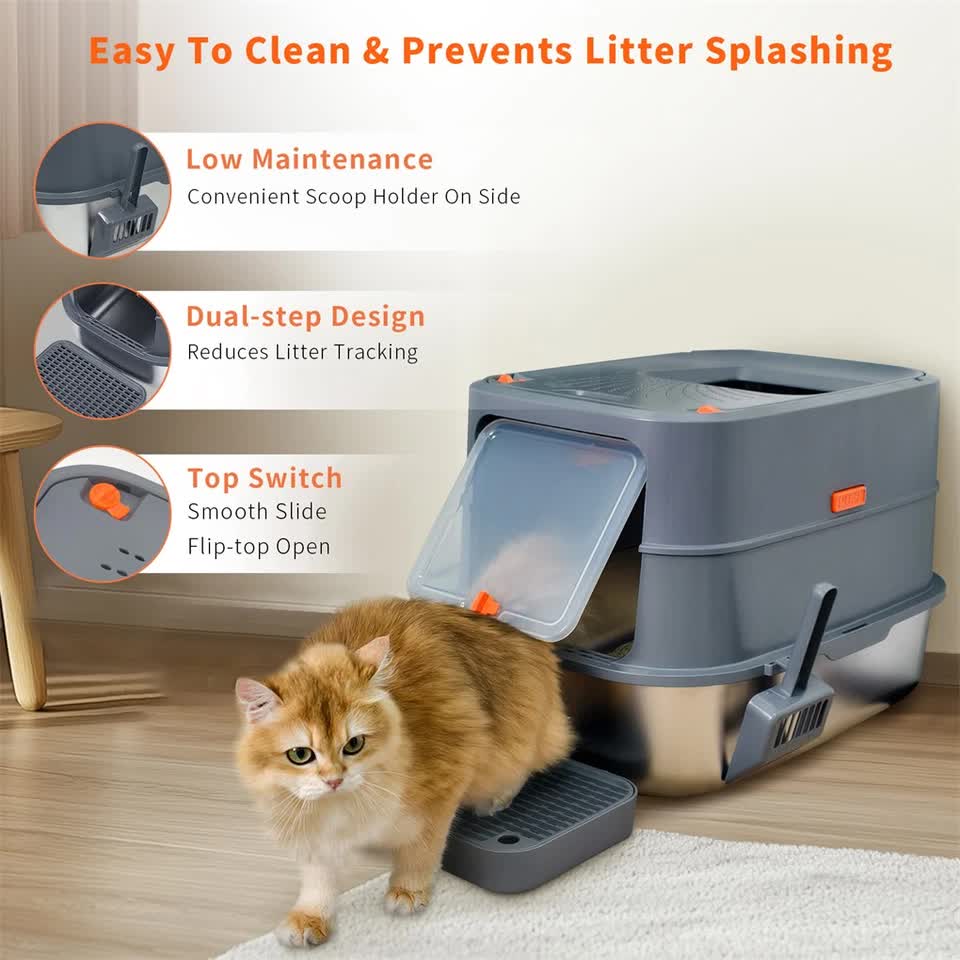 P&P Jumbo Stainless Steel Cat Litter Box for Multi-Cats Large Toilet Box with Removable Lid V767-P-ZM1828