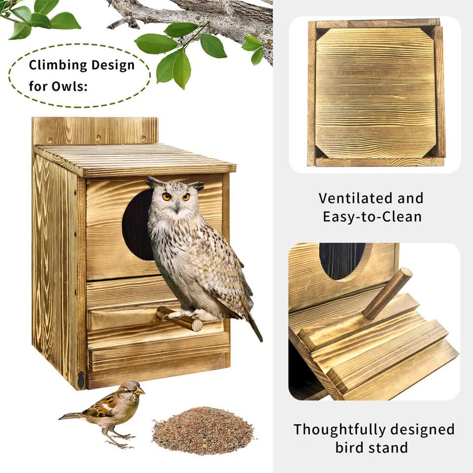 Large Wooden Screech Owl House Nesting Box with Perch - Outdoor Birdhouse for Garden Trees V767-P-ZN1727