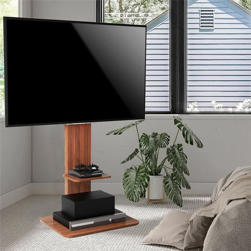 32"-65" Tv Floor Stand Adjustable Corner Tv Mount Bracket With Sturdy Wood Base V767-U-718-BK-V1
