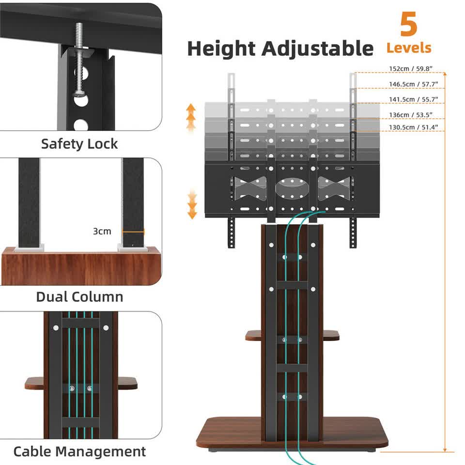 32"-65" Tv Floor Stand Adjustable Corner Tv Mount Bracket With Sturdy Wood Base V767-U-718-BK-V1