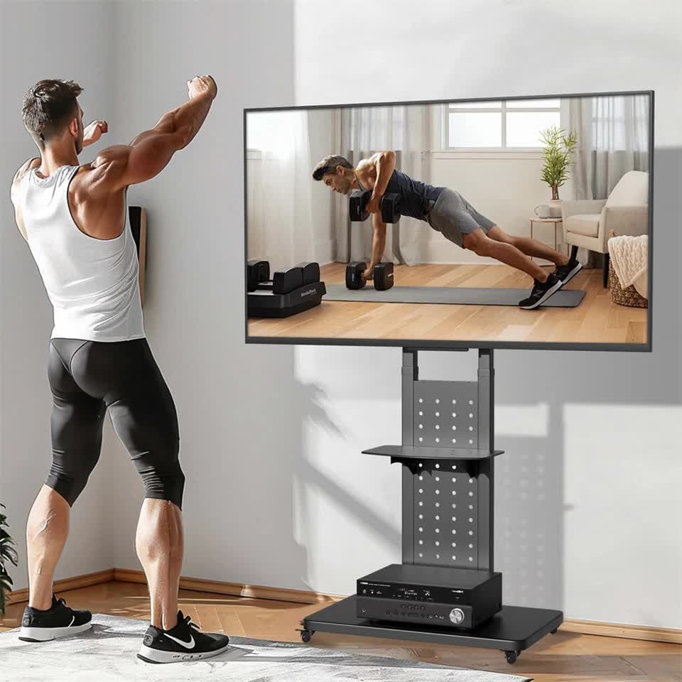 Heavy-Duty Rolling TV Cart Stand with Wheels for 32"-65" TVs | Height Adjustable Mobile Floor Mount V767-U-817-BK