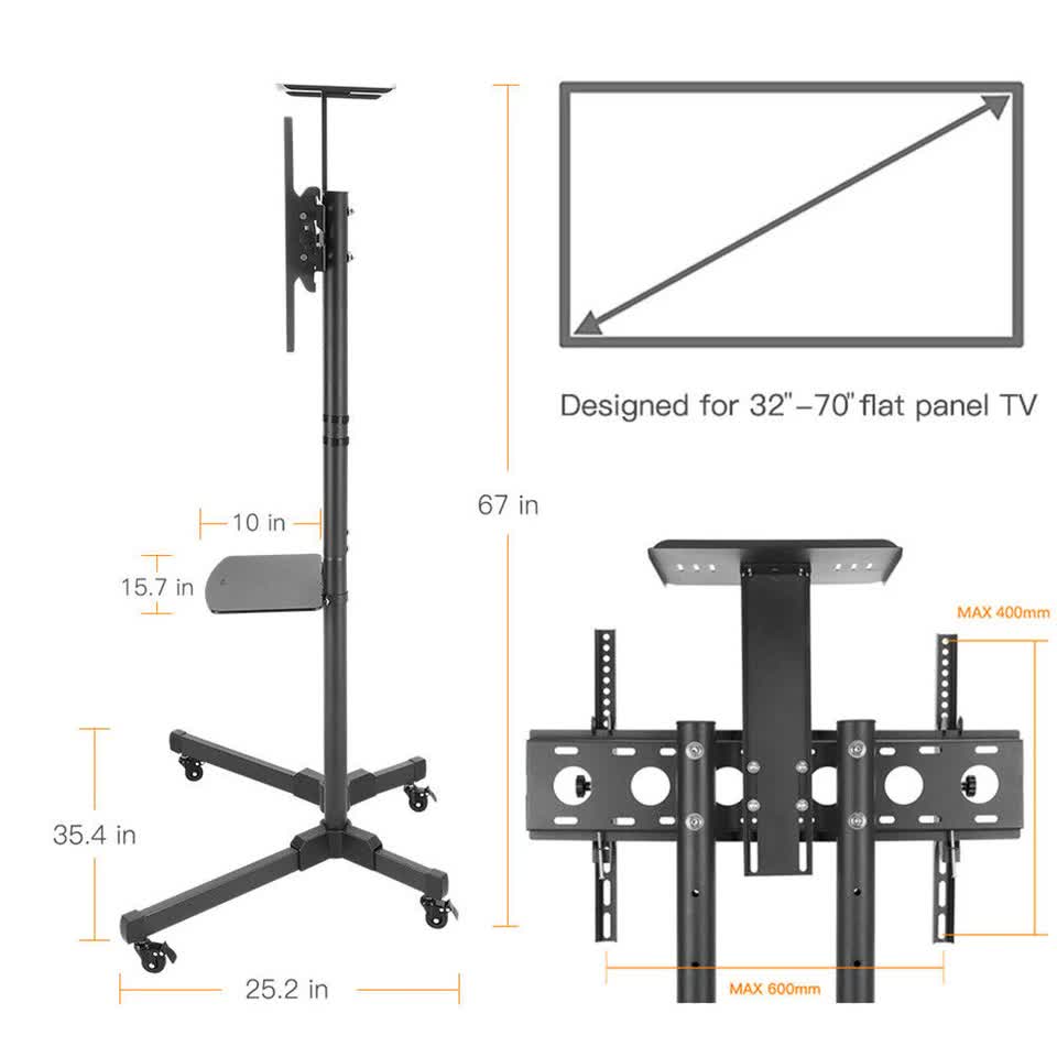 32-72" Rolling Tv Stand Mount W Dvd Storage Top Shelf Tv Bracket Trolley Casters V767-U-890A