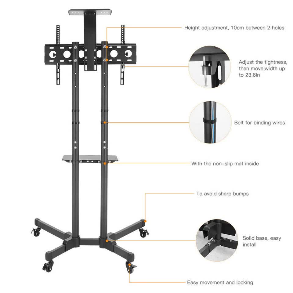 32-72" Rolling Tv Stand Mount W Dvd Storage Top Shelf Tv Bracket Trolley Casters V767-U-890A
