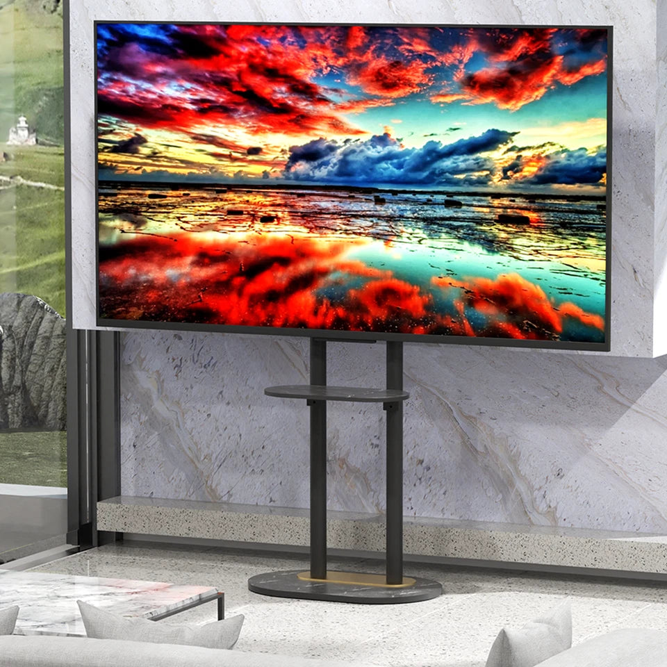 Black Free Standing TV Mount with Shelf and Premium Stone Base for Flat Screens V767-U-Z1318-BK