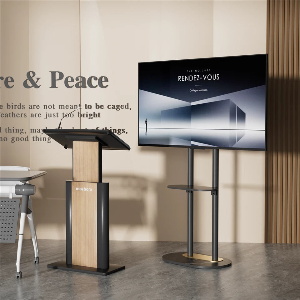 Black Free Standing TV Mount with Shelf and Premium Stone Base for Flat Screens V767-U-Z1318-BK