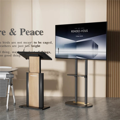 Black Free Standing TV Mount with Shelf and Premium Stone Base for Flat Screens V767-U-Z1318-BK