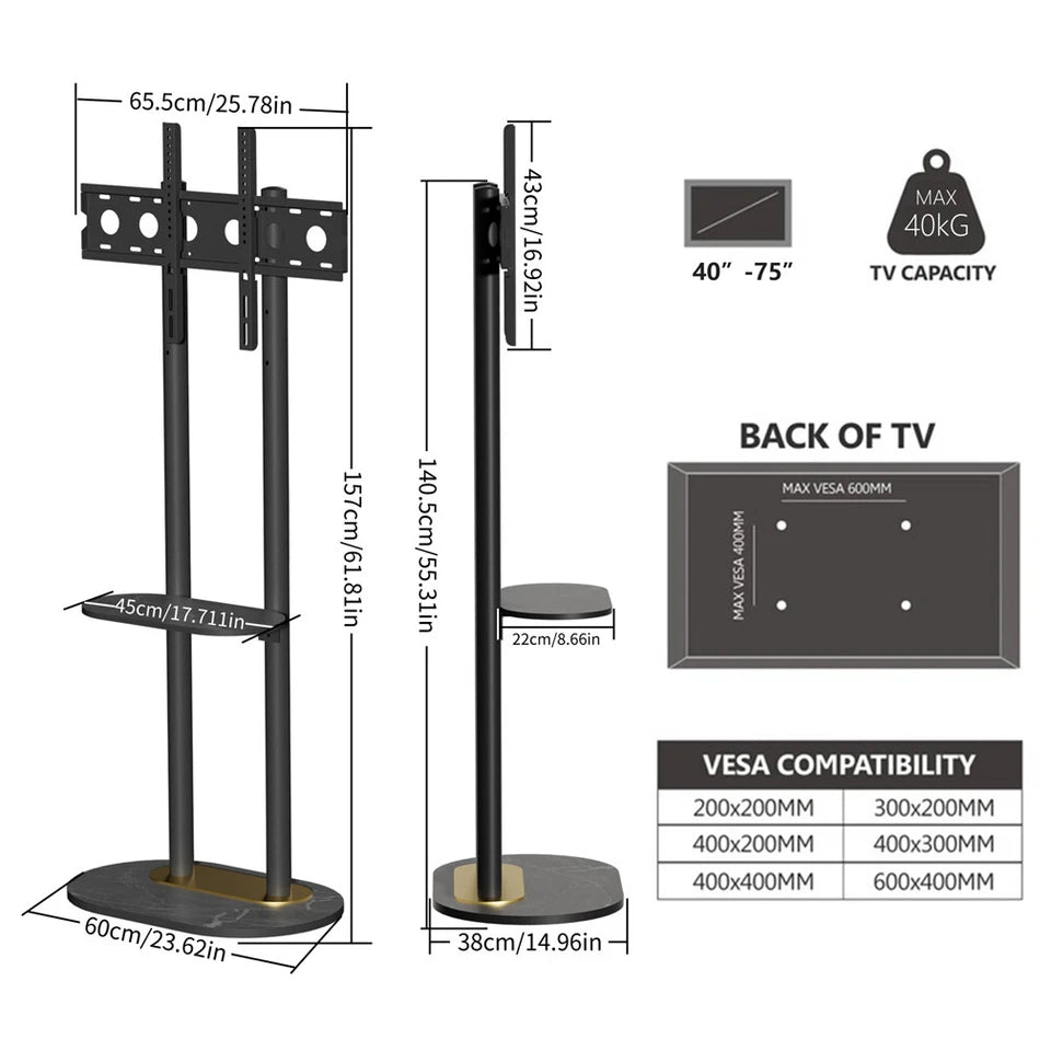 Black Free Standing TV Mount with Shelf and Premium Stone Base for Flat Screens V767-U-Z1318-BK