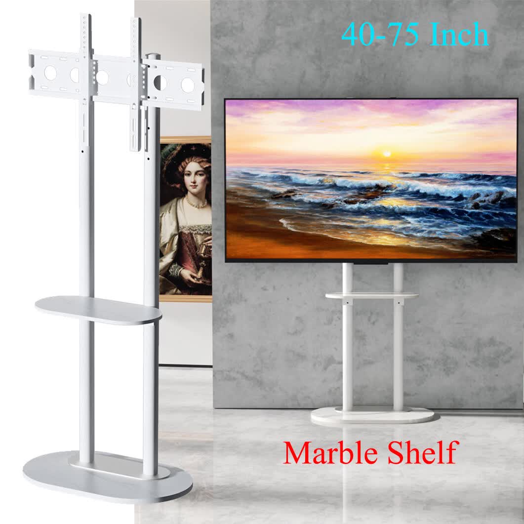 40-75" Heavy Duty Floor Tv Stand W/ Marble Shelf Adjustable Height Mount Bracket V767-U-Z1318-WT
