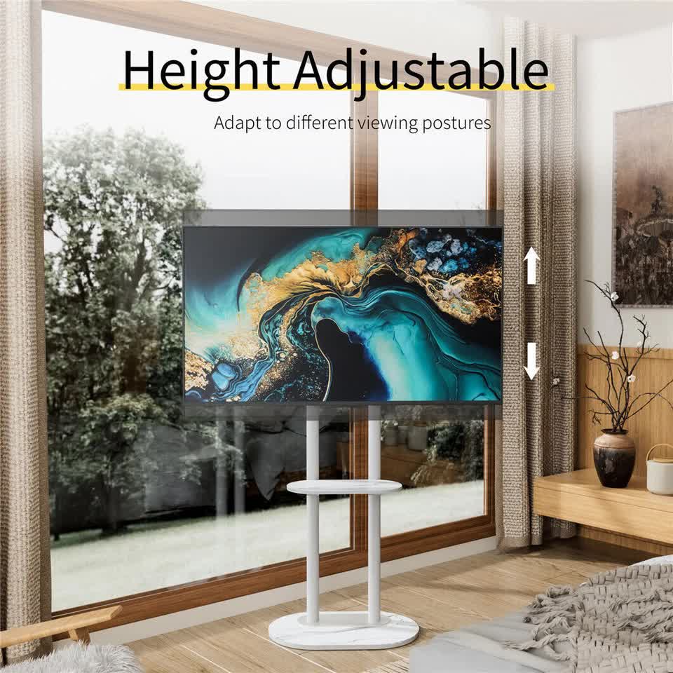 40-75" Heavy Duty Floor Tv Stand W/ Marble Shelf Adjustable Height Mount Bracket V767-U-Z1318-WT