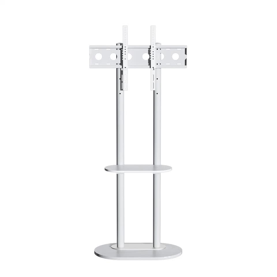 Minimalist Marble Textured Floor Tv Stand 32"-75" Strong Steel Tv Bracket Stable V767-U-Z1418-WT