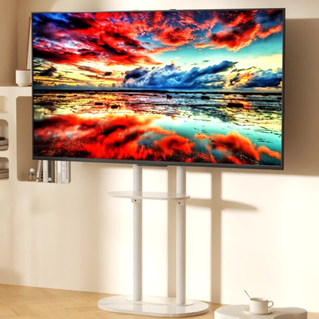 Minimalist Marble Textured Floor Tv Stand 32"-75" Strong Steel Tv Bracket Stable V767-U-Z1418-WT
