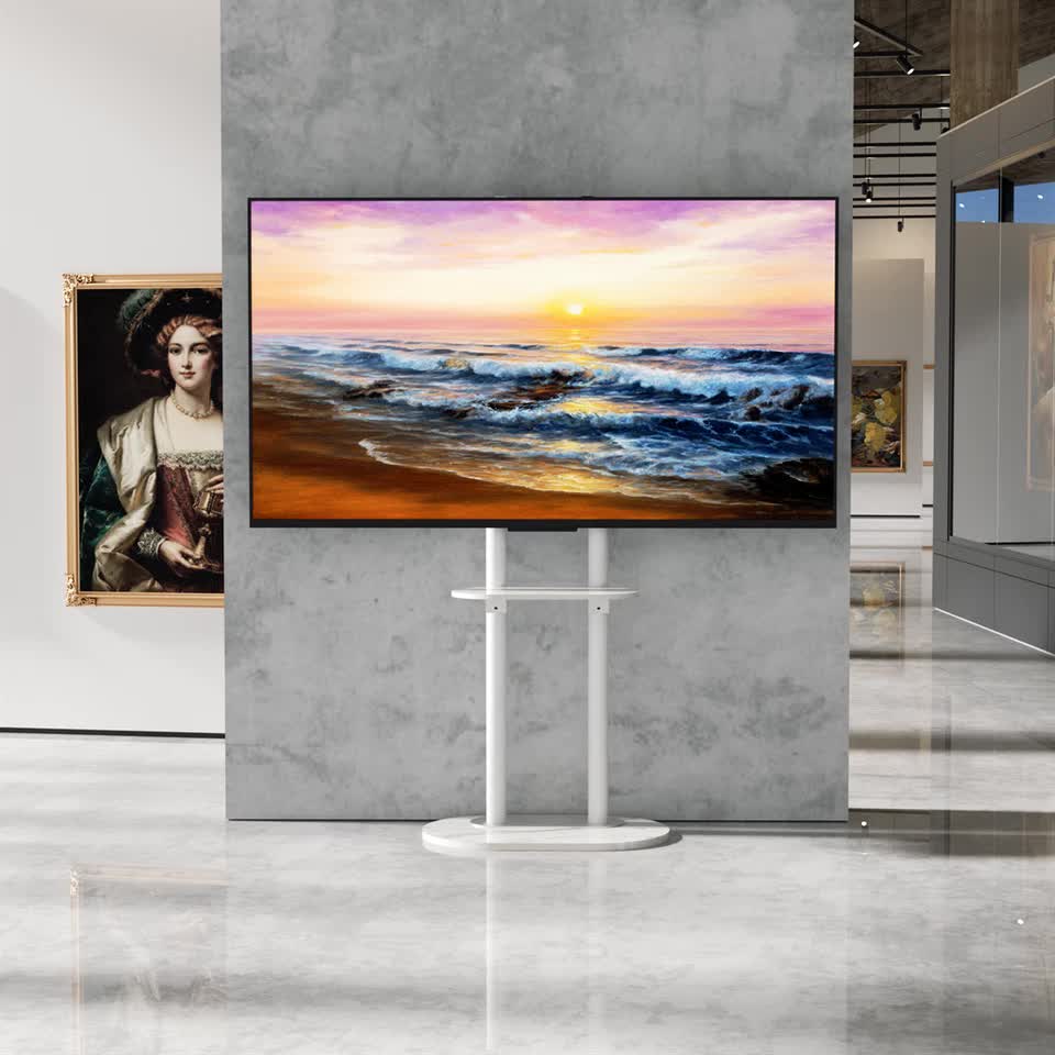 Minimalist Marble Textured Floor Tv Stand 32"-75" Strong Steel Tv Bracket Stable V767-U-Z1418-WT