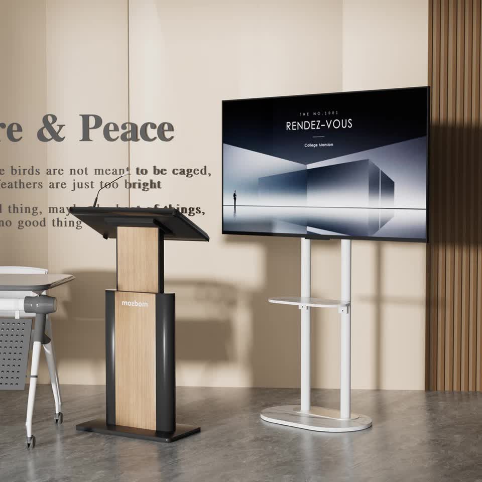Minimalist Marble Textured Floor Tv Stand 32"-75" Strong Steel Tv Bracket Stable V767-U-Z1418-WT